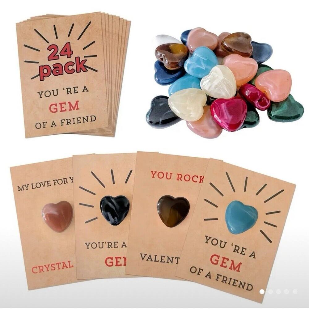 Valentine's Day Cards with Heart Crystals - 24 Pack for Kids' Class Parties